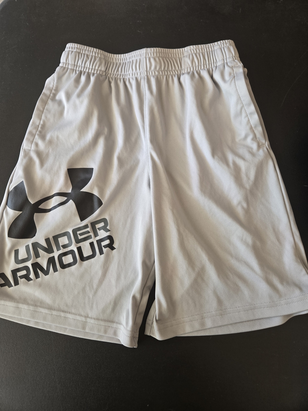 5Under Armour Kid's Light Gray Athletic Shorts with Black Logo